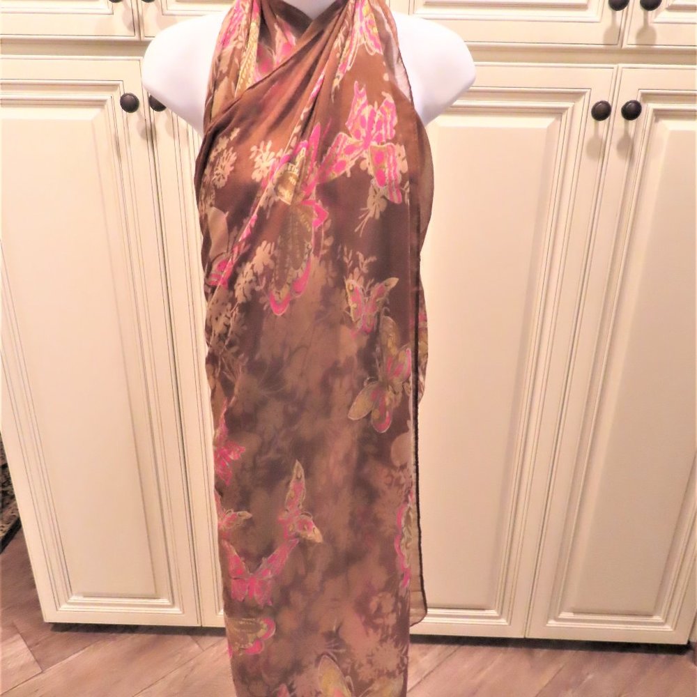 New  Scarf, Cover up, Shawl, 78" x 44" brown with hot pink beige, taupe